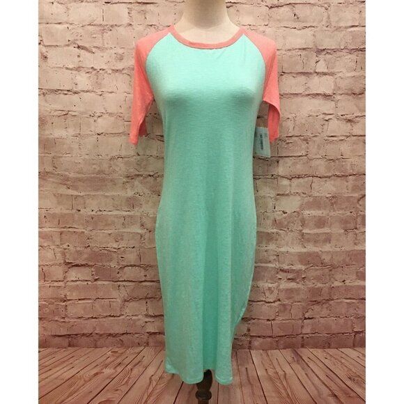 LuLaRoe JULIA Dress Raglan Short Sleeve Mint Green Pink BodyCon Stretch Size XS - Picture 1 of 3